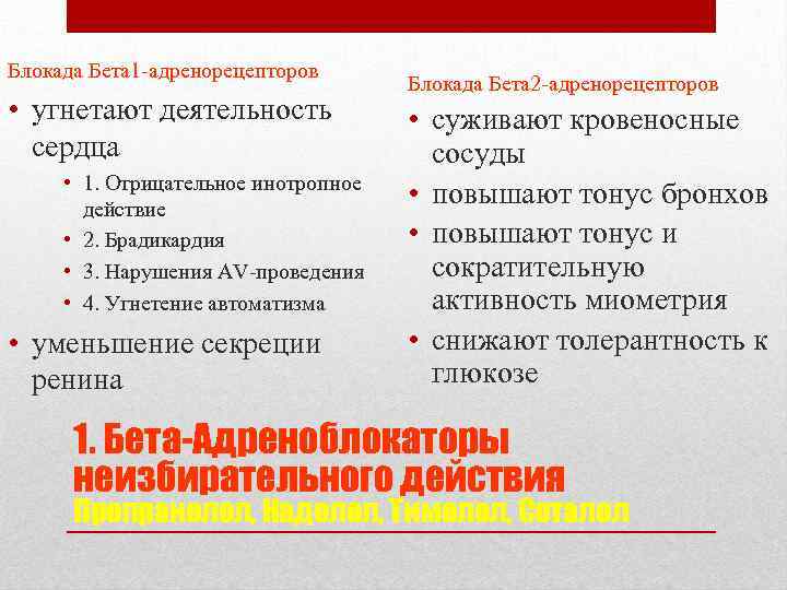 Блокада Бета 1 -адренорецепторов • угнетают деятельность сердца • 1. Отрицательное инотропное действие •
