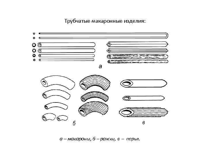 Трубчатые макаронные изделия: а – макароны, б – рожки, в перья. 