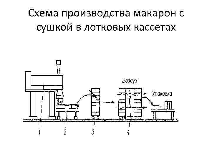 Схема производства макарон с сушкой в лотковых кассетах 