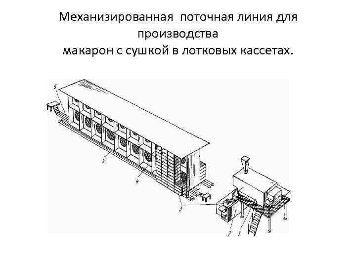 Механизированная поточная линия для производства макарон с сушкой в лотковых кассетах. 