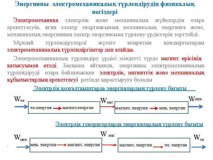 Энергияны электромеханикалық түрлендірудің физикалық негіздері Электромеханика электрлік және механикалық жүйелердің өзара әрекеттесуін, яғни электр