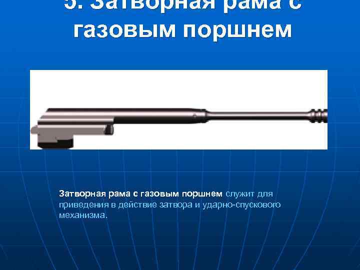 5. Затворная рама с газовым поршнем служит для приведения в действие затвора и ударно-спускового