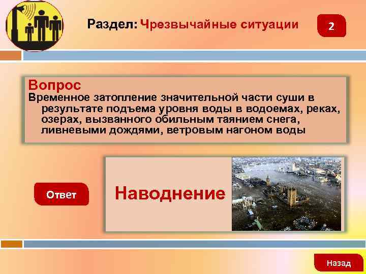 Раздел: Чрезвычайные ситуации 2 Вопрос Временное затопление значительной части суши в результате подъема уровня