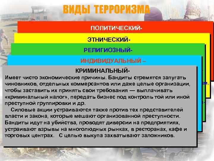 ВИДЫ ТЕРРОРИЗМА ПОЛИТИЧЕСКИЙАкции, осуществляемые подпольными группами против государственных ЭТНИЧЕСКИЙорганов и высших должностных лиц. Во