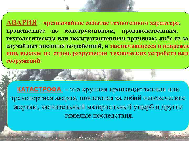 АВАРИЯ – чрезвычайное событие техногенного характера, происшедшее по конструктивным, производственным, технологическим или эксплуатационным причинам,