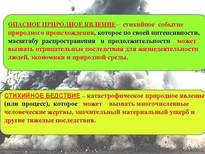 ОПАСНОЕ ПРИРОДНОЕ ЯВЛЕНИЕ– стихийное событие природного происхождения, которое по своей интенсивности, масштабу распространения и