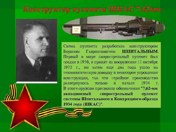 Конструктор пулемета ШКАС 7. 62 мм Схема пулемета разработана конструктором Борисом Гаврииловичем ШПИТАЛЬНЫМ. Первый