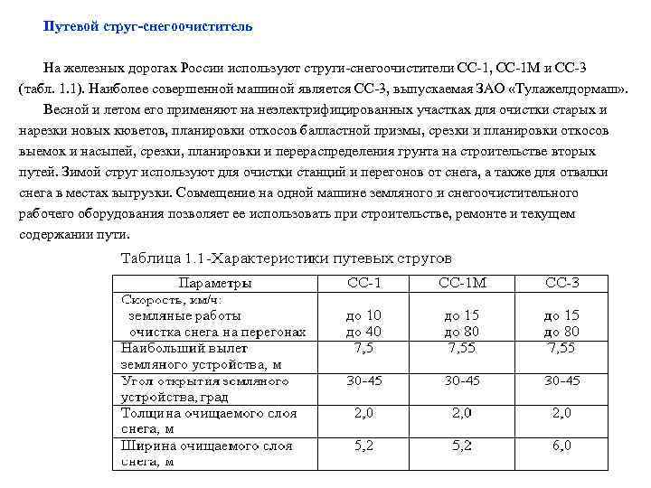 Путевой струг-снегоочиститель На железных дорогах России используют струги-снегоочистители СС-1, СС-1 М и СС-3 (табл.