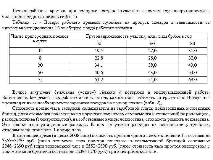 Потери рабочего времени пропуске поездов возрастают с ростом грузонапряженности и числа пригородных поездов (табл.