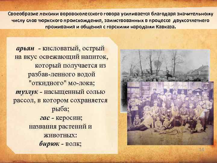 Своеобразие лексики воровсколесского говора усиливается благодаря значительному числу слов тюркского происхождения, заимствованных в процессе
