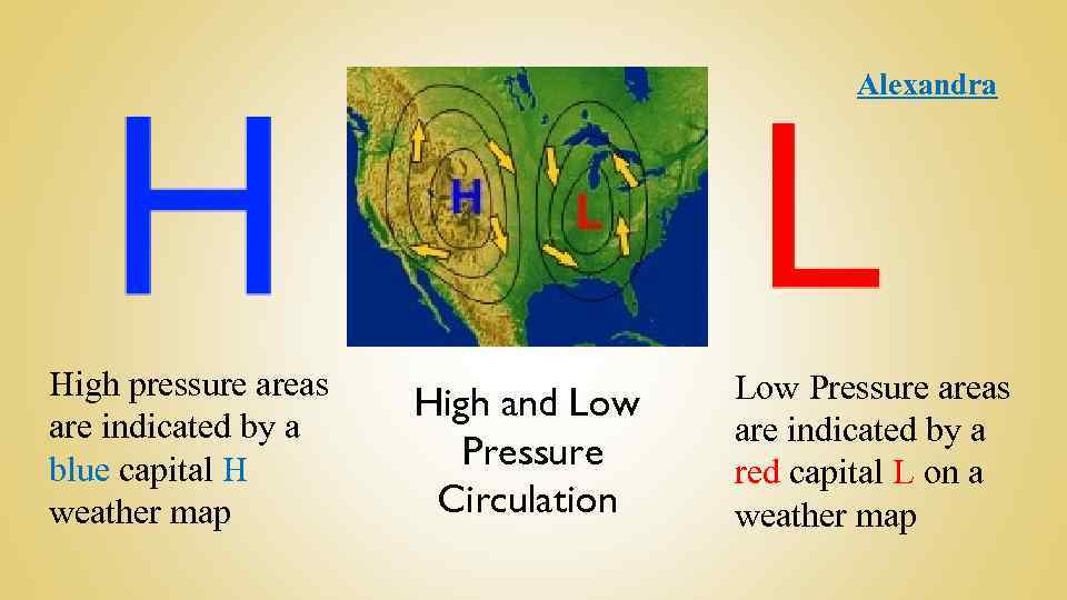 Alexandra High pressure areas are indicated by a blue capital H weather map High