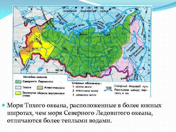  Моря Тихого океана, расположенные в более южных широтах, чем моря Северного Ледовитого океана,