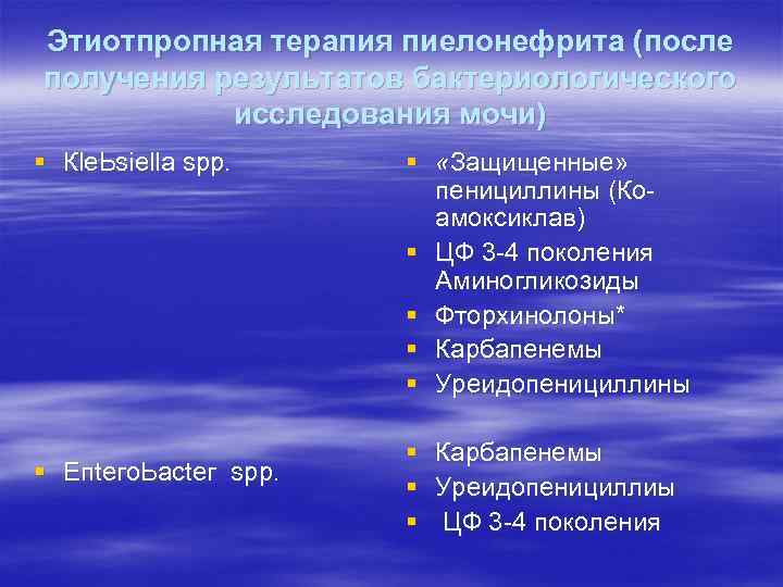 Этиотпропная терапия пиелонефрита (после получения результатов бактериологического исследования мочи) § Кlе. Ьsiеllа sрр. §