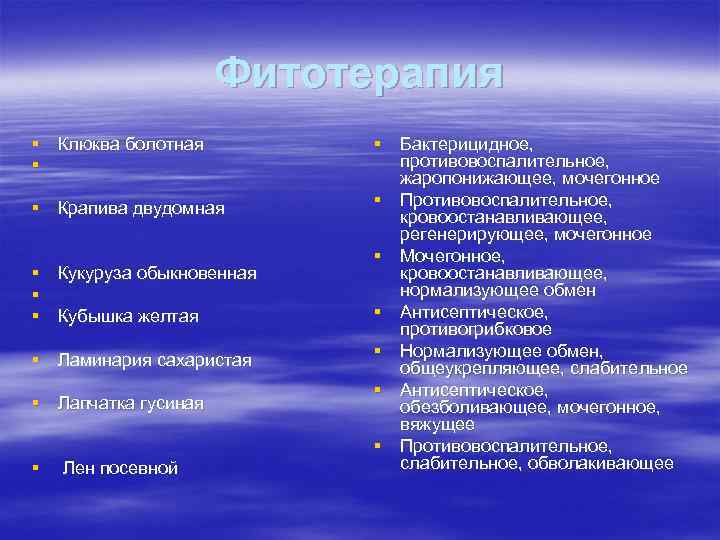 Фитотерапия § Клюква болотная § § Крапива двудомная § Кукуруза обыкновенная § § Кубышка