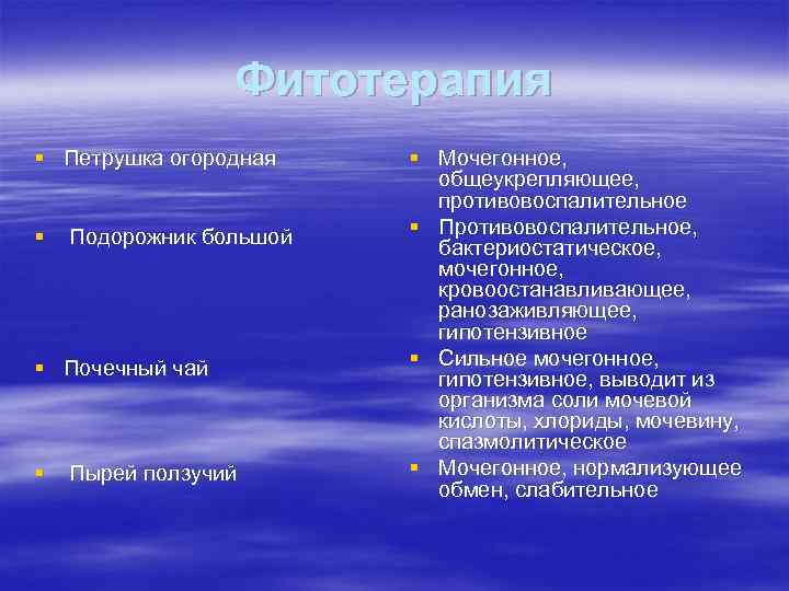 Фитотерапия § Петрушка огородная § Подорожник большой § Почечный чай § Пырей ползучий §
