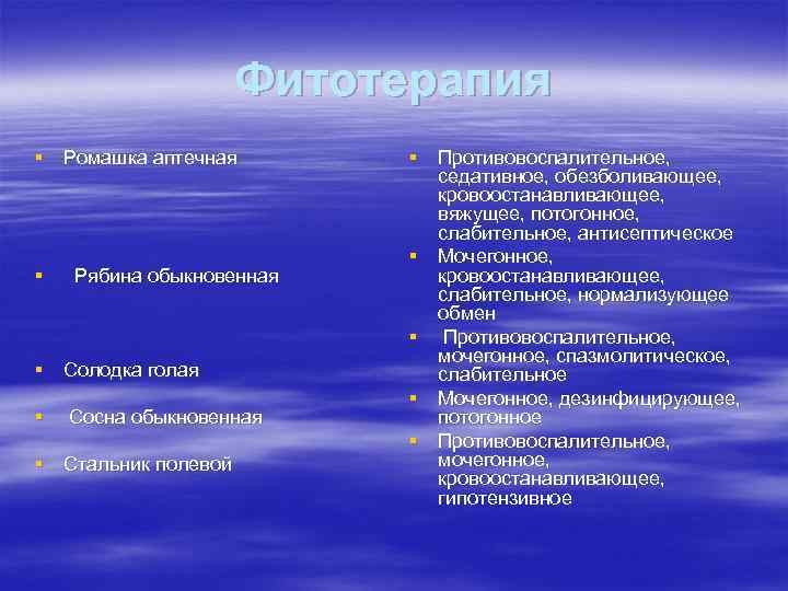 Фитотерапия § Ромашка аптечная § Рябина обыкновенная § Солодка голая § Сосна обыкновенная §