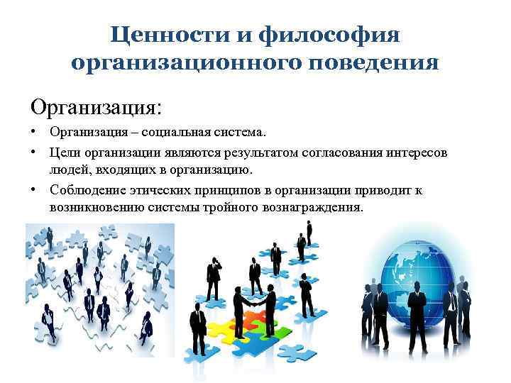 Ценности и философия организационного поведения Организация: • Организация – социальная система. • Цели организации