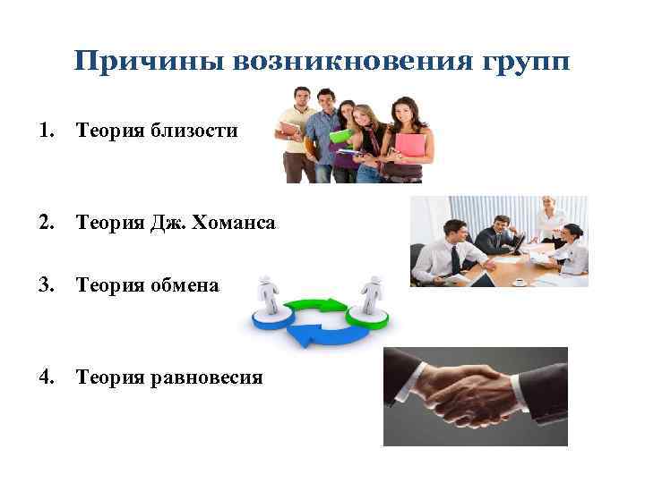 Причины возникновения групп 1. Теория близости 2. Теория Дж. Хоманса 3. Теория обмена 4.
