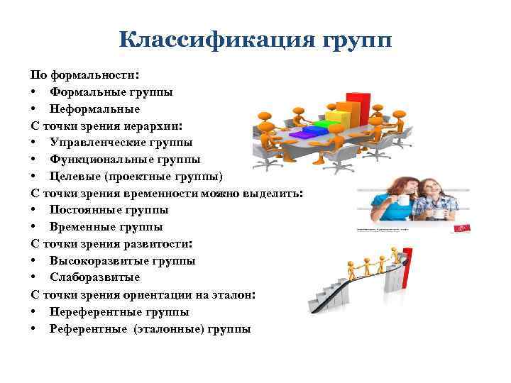 Классификация групп По формальности: • Формальные группы • Неформальные С точки зрения иерархии: •