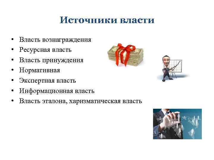 Источники власти • • Власть вознаграждения Ресурсная власть Власть принуждения Нормативная Экспертная власть Информационная