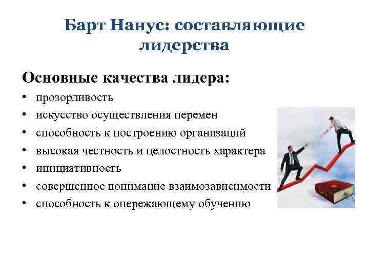 Барт Нанус: составляющие лидерства Основные качества лидера: • • прозорливость искусство осуществления перемен способность