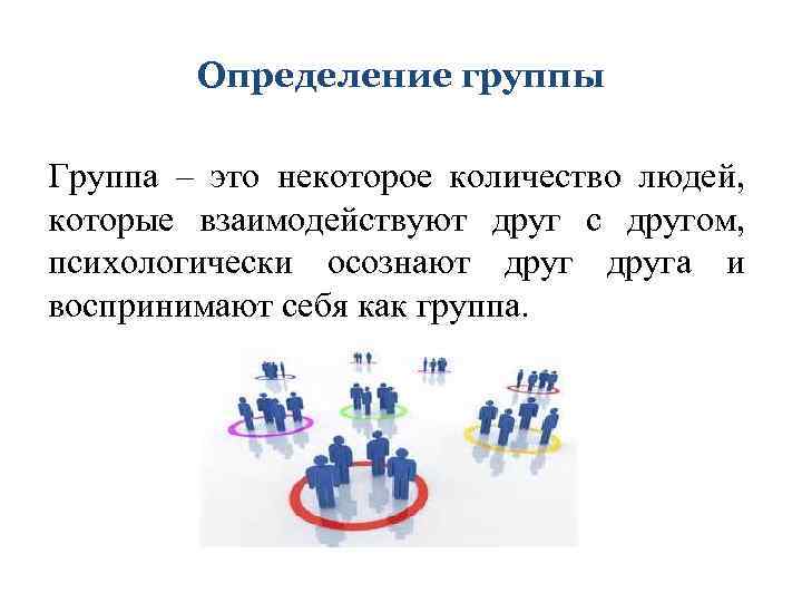 Определение группы Группа – это некоторое количество людей, которые взаимодействуют друг с другом, психологически