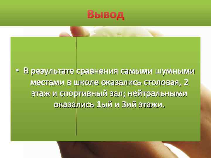 Вывод • В результате сравнения самыми шумными местами в школе оказались столовая, 2 этаж