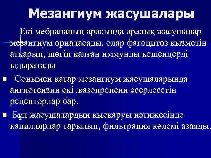 Мезангиум жасушалары Екі мебрананың арасында аралық жасушалар мезангиум орналасады, олар фагоцитоз қызметін атқарып, шөгіп