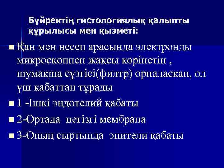Бүйректің гистологиялық қалыпты құрылысы мен қызметі: n Қан мен несеп арасында электронды микроскоппен жақсы