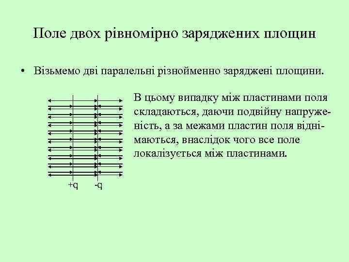 Поле двох рівномірно заряджених площин • Візьмемо дві паралельні різнойменно заряджені площини. В цьому