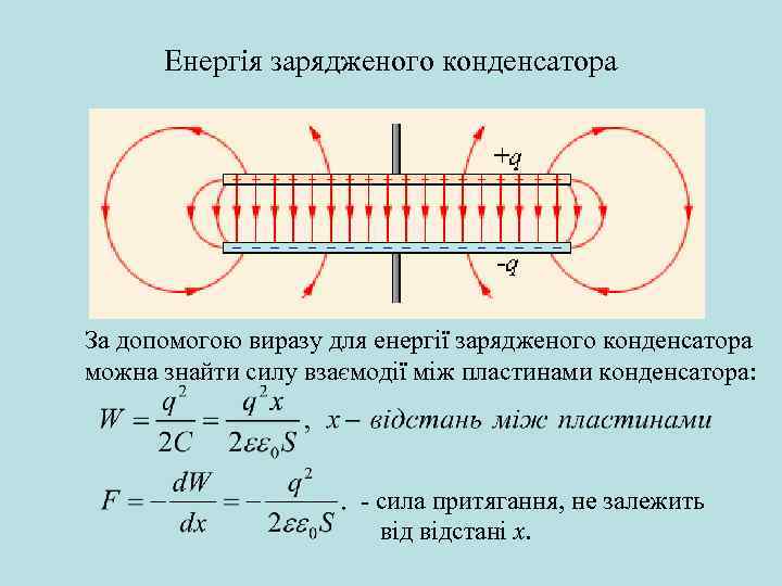 Енергія зарядженого конденсатора За допомогою виразу для енергії зарядженого конденсатора можна знайти силу взаємодії
