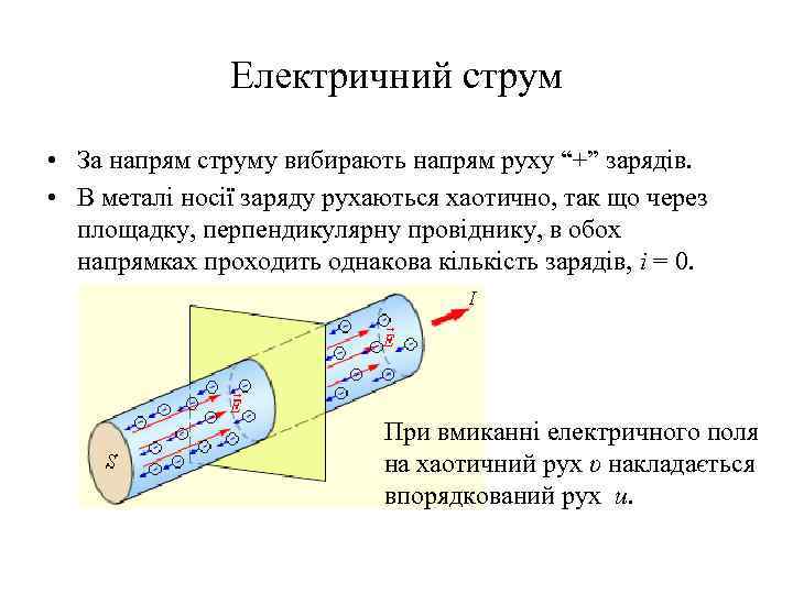 Електричний струм • За напрям струму вибирають напрям руху “+” зарядів. • В металі