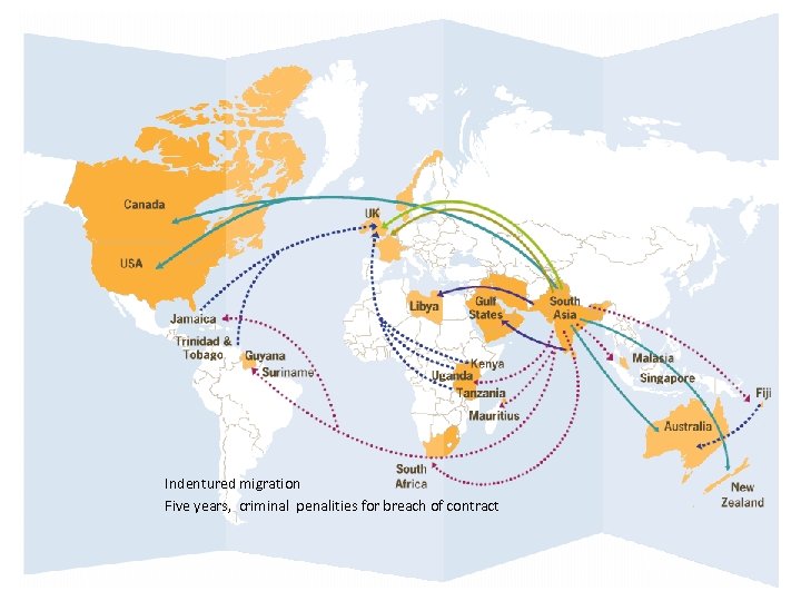 Indentured migration Five years, criminal penalities for breach of contract 