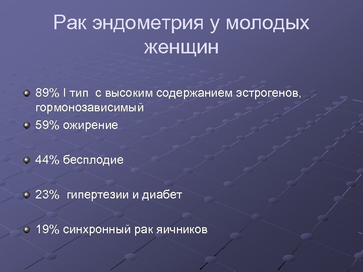 Рак эндометрия у молодых женщин 89% I тип с высоким содержанием эстрогенов, гормонозависимый 59%