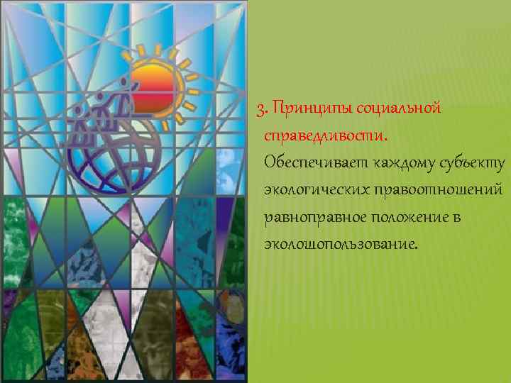 3. Принципы социальной справедливости. Обеспечивает каждому субъекту экологических правоотношений равноправное положение в эколошопользование. 