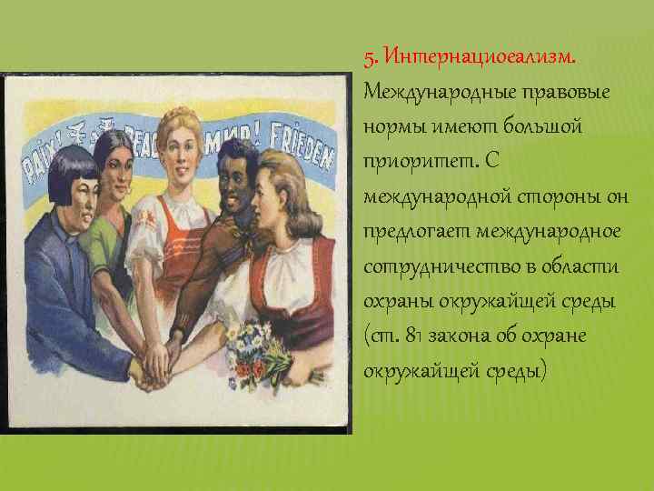 5. Интернациоеализм. Международные правовые нормы имеют большой приоритет. С международной стороны он предлогает международное