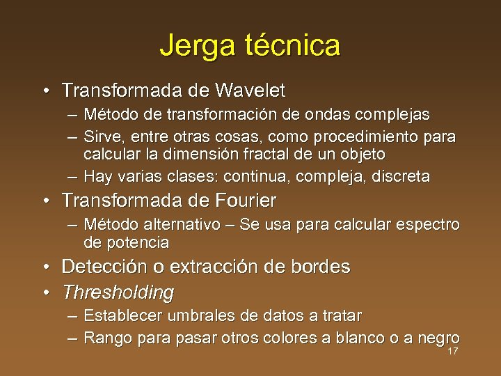 Jerga técnica • Transformada de Wavelet – – Método de transformación de ondas complejas