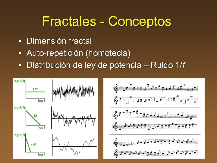 Fractales - Conceptos • Dimensión fractal • Auto-repetición (homotecia) • Distribución de ley de