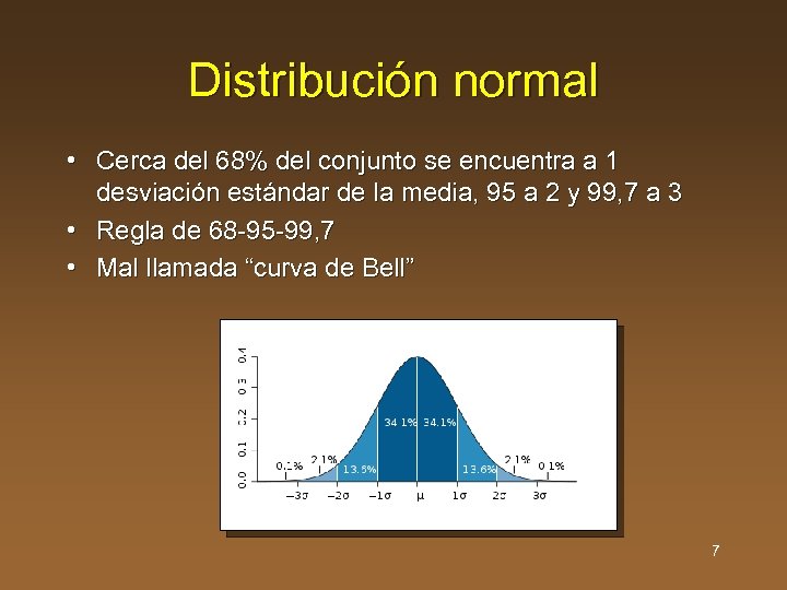 Distribución normal • Cerca del 68% del conjunto se encuentra a 1 desviación estándar