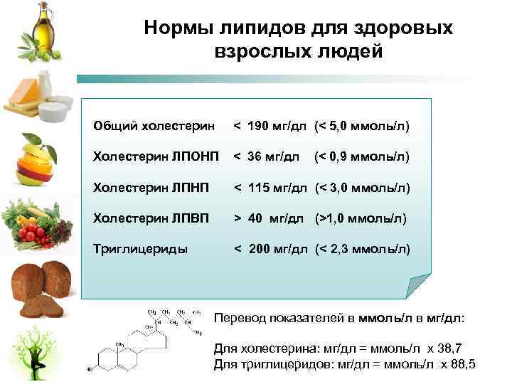 Нормы липидов для здоровых взрослых людей Общий холестерин < 190 мг/дл (< 5, 0