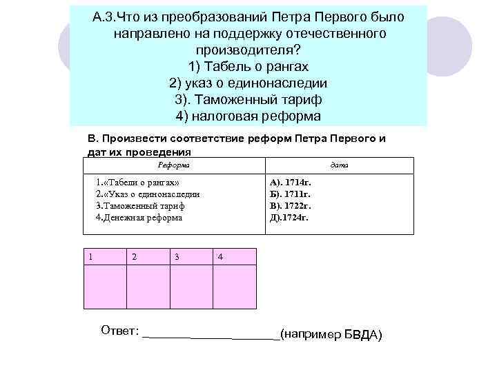 А. 3. Что из преобразований Петра Первого было направлено на поддержку отечественного производителя? 1)