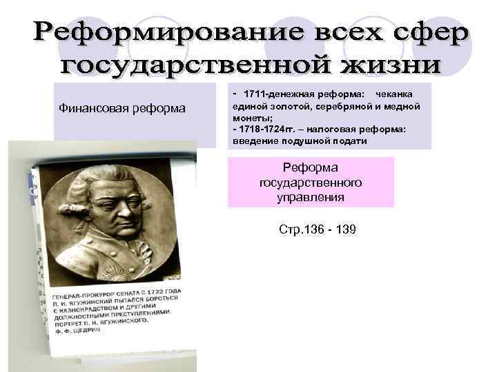 Финансовая реформа 1711 -денежная реформа: чеканка единой золотой, серебряной и медной монеты; - 1718