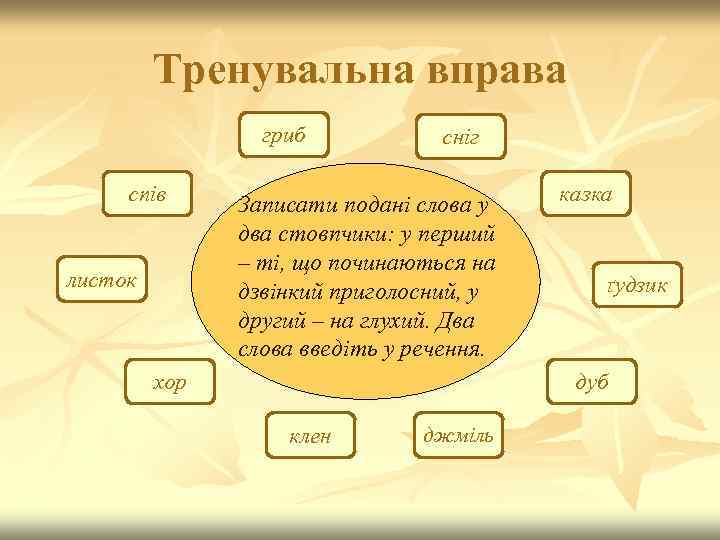 Тренувальна вправа гриб спів листок сніг Записати подані слова у два стовпчики: у перший