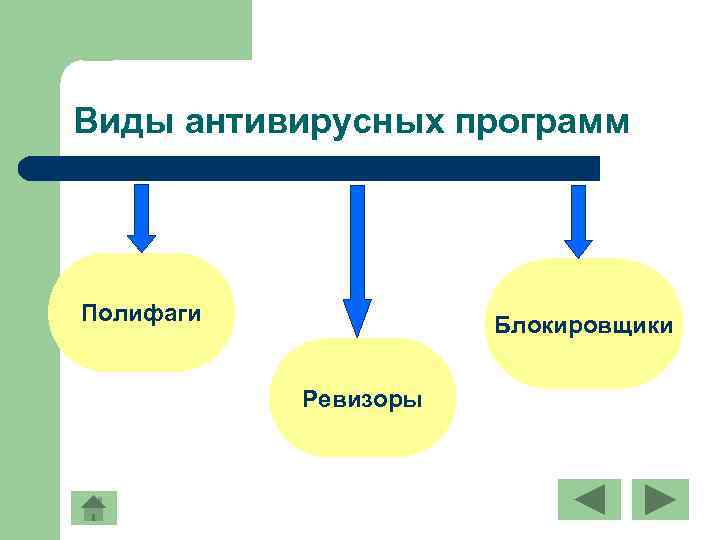Виды антивирусных программ Полифаги Блокировщики Ревизоры 