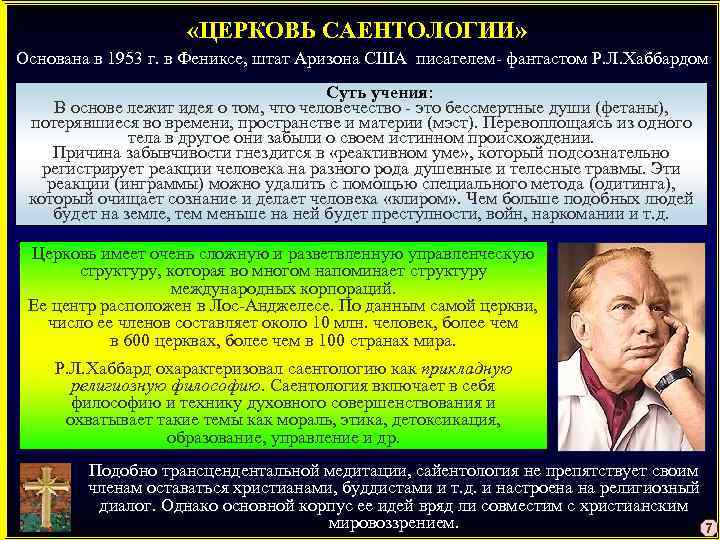  «ЦЕРКОВЬ САЕНТОЛОГИИ» Основана в 1953 г. в Фениксе, штат Аризона США писателем- фантастом