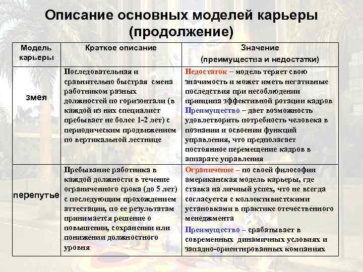 Описание основных моделей карьеры (продолжение) Модель карьеры Краткое описание Последовательная и сравнительно быстрая смена