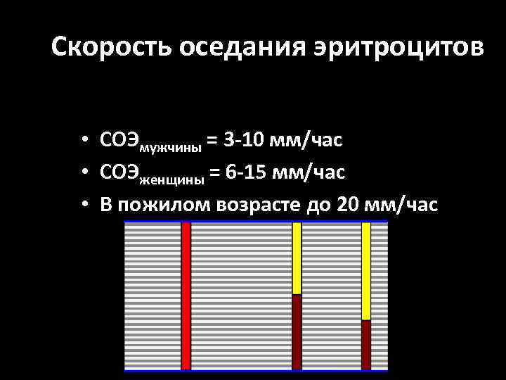 Скорость оседания эритроцитов • СОЭмужчины = 3 -10 мм/час • СОЭженщины = 6 -15