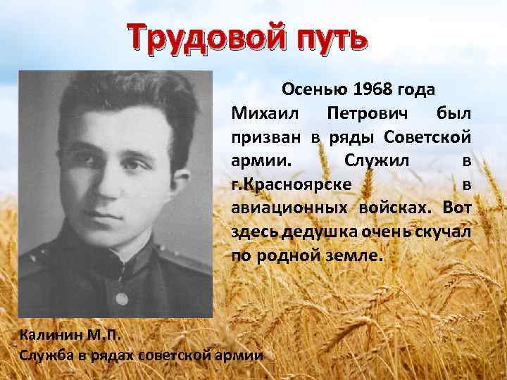 Трудовой путь Осенью 1968 года Михаил Петрович был призван в ряды Советской армии. Служил