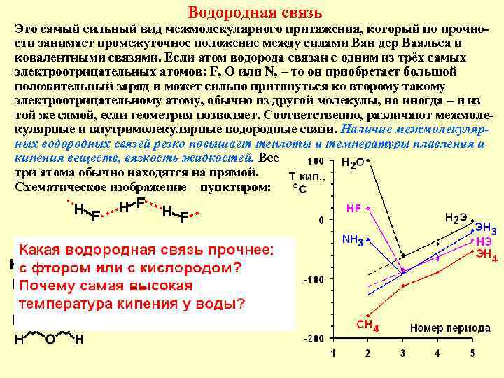 Водородная связь Это самый сильный вид межмолекулярного притяжения, который по прочности занимает промежуточное положение