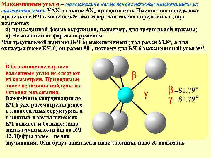 Максиминный угол α – максимально возможное значение наименьшего из валентных углов ХАХ в группе